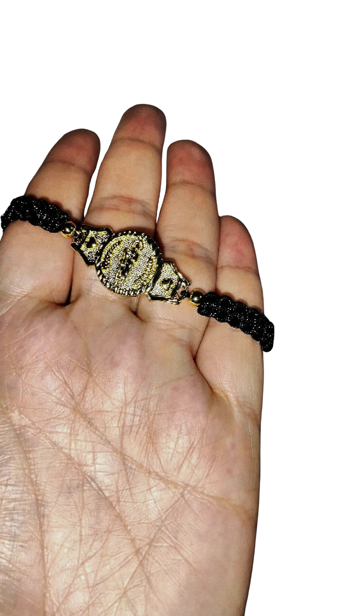 Pulsera San Benito Negra con Dije Grande en Oro Laminado 18K