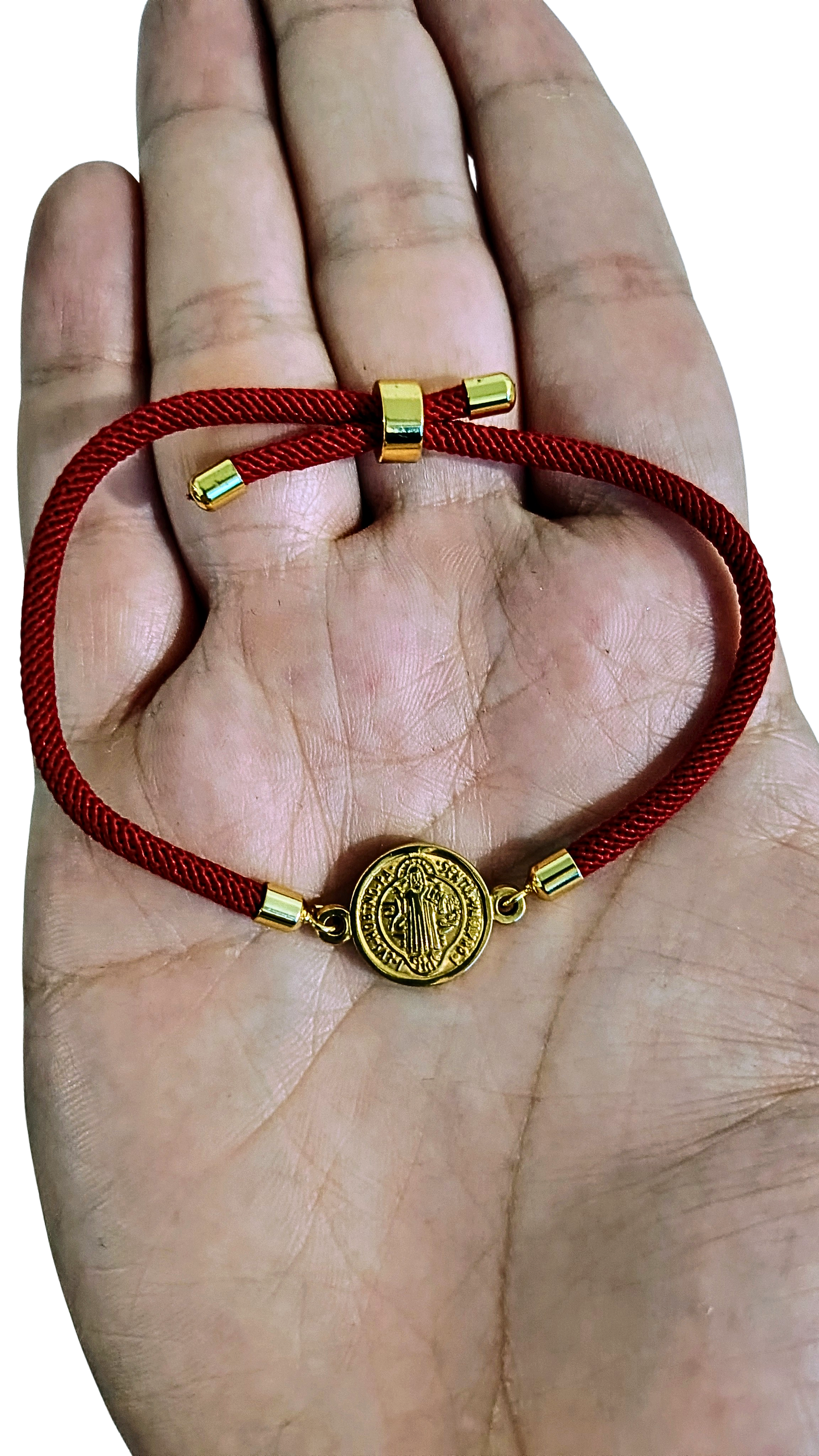 Pulsera San Benito Roja con Dije en Oro Laminado 18K